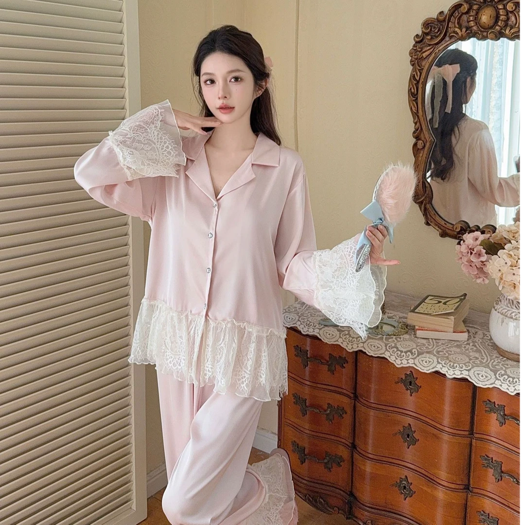 法式睡衣女士长袖长裤甜美公主风冰丝套装春季睡衣家居服可外穿