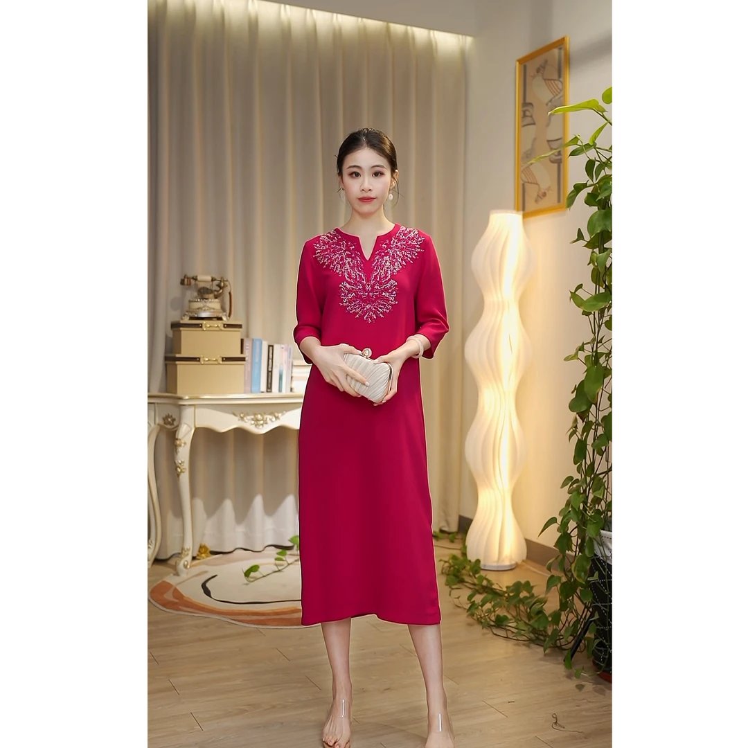 【恩恩】2025夏季新款女士优雅玫红色连衣裙SL25105-短袖