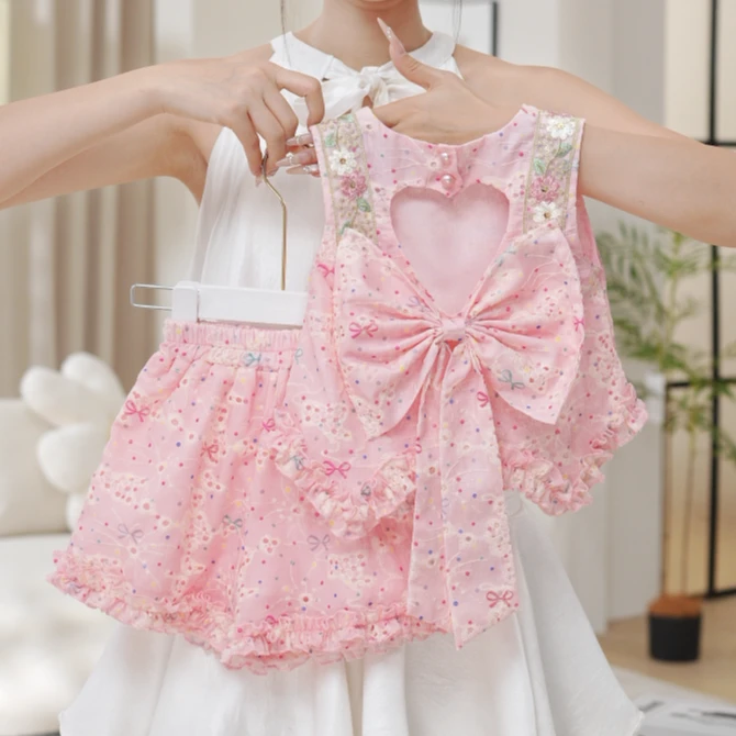 2025夏季新款女童高级粉爱心蝴蝶结上衣短裤套装两件套SA30371