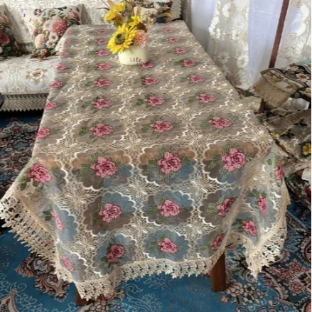 ZN029-85玻璃砂【90*220】咖红十字绣高织高密玻璃砂水溶边桌布