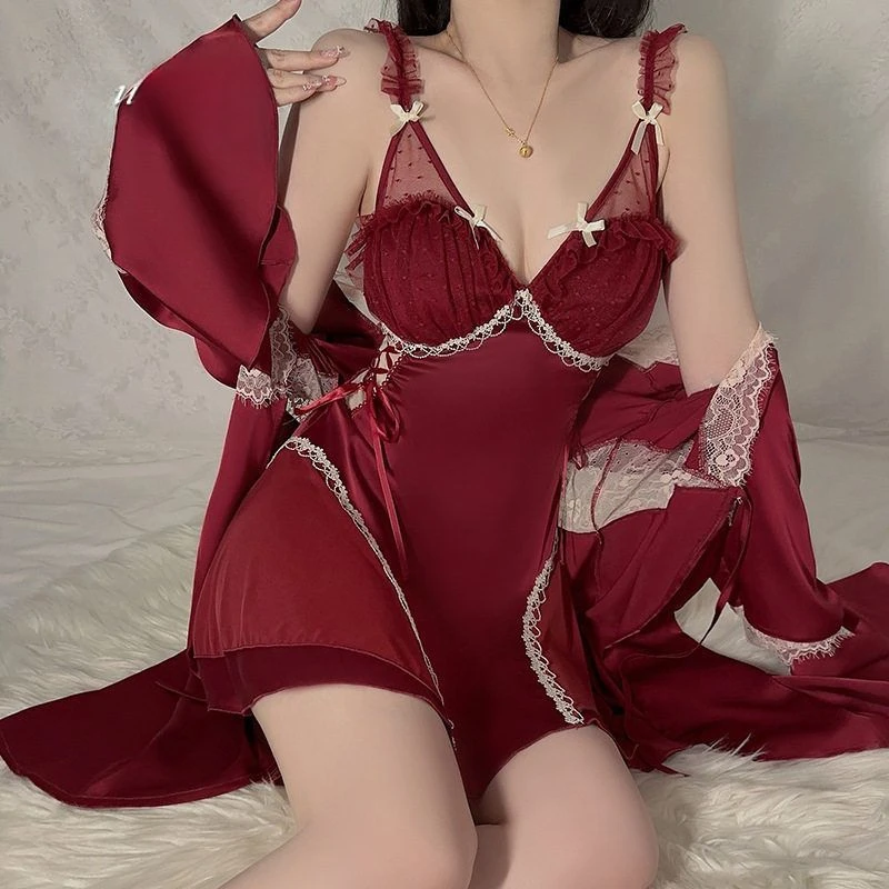 纯欲睡衣加套装性感若胸垫慵懒瑰深睡裙V家居服顺滑3248缎面外袍