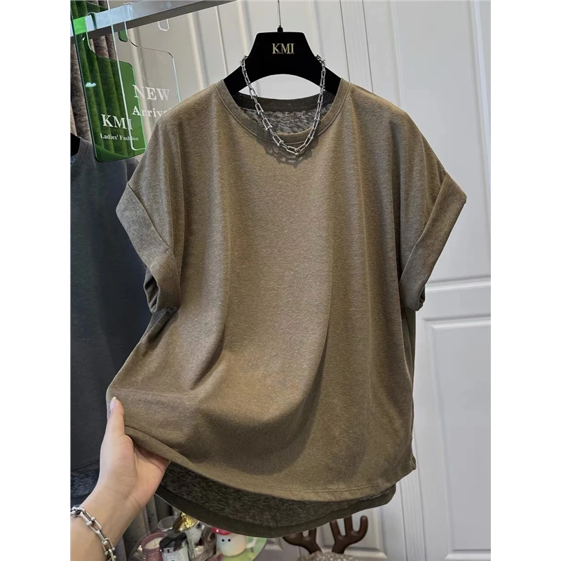 夏季2-300斤超大码纯色洋气袖口卷边上衣男女夏季复古休闲短袖T恤