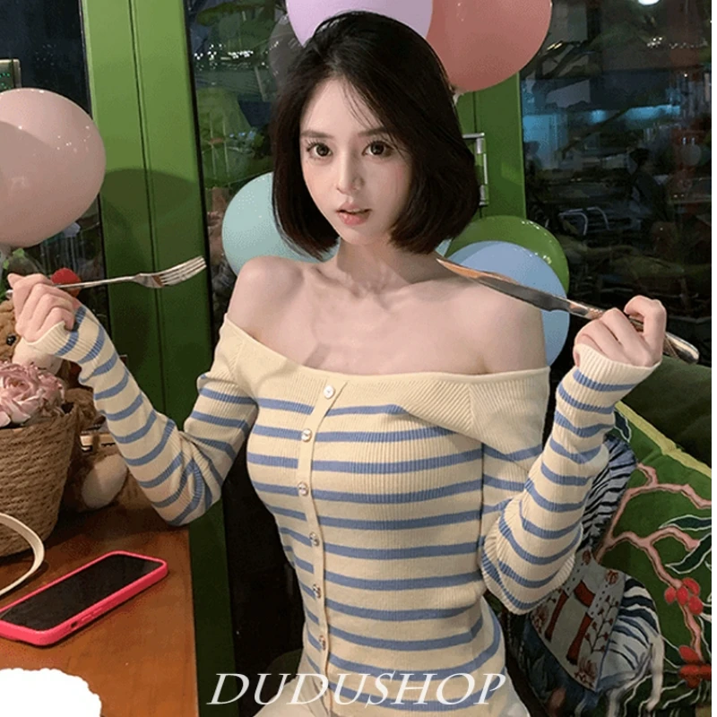 日序曲针织长袖条纹衫女一字肩修身短款初上衣露肩纯欲上衣百搭时