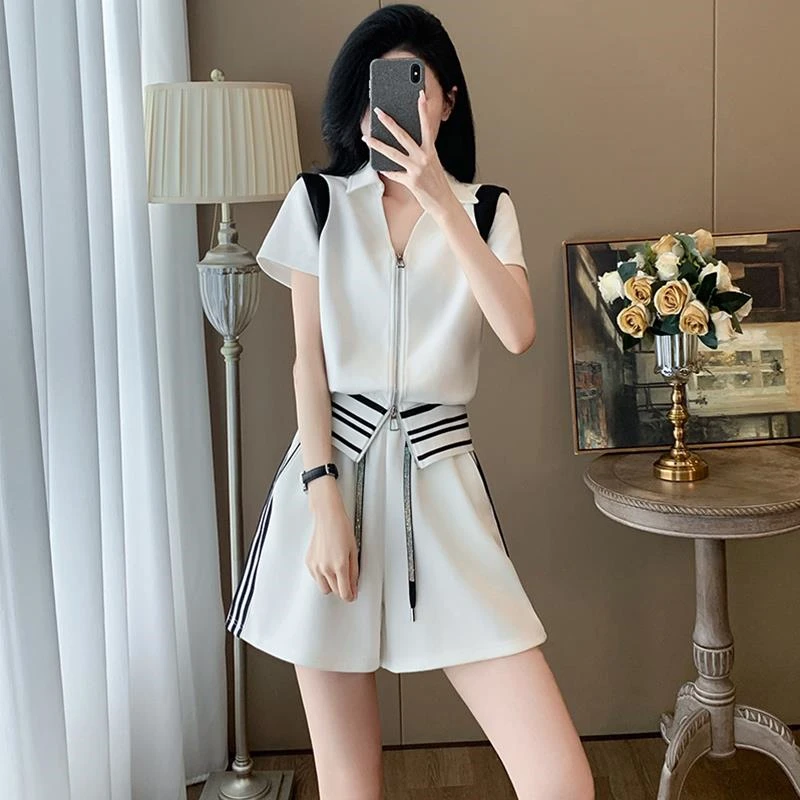 2025夏季新款时尚休闲运动套装女阔腿裤网红运动短袖短裤两件套女