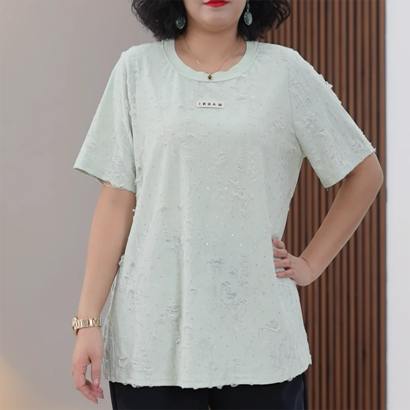 拉花做旧工艺烫钻T恤女大码弹力破洞凉感双纱烧花复古侧开叉上衣