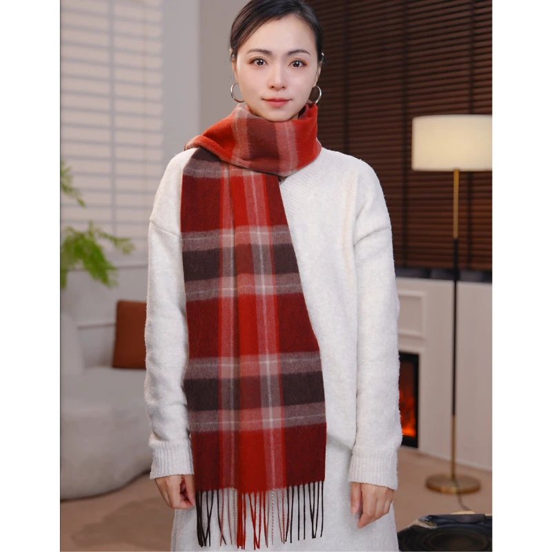 Aokang100%羊毛格子围巾女冬季加厚保暖英伦风围脖生日礼物礼盒装