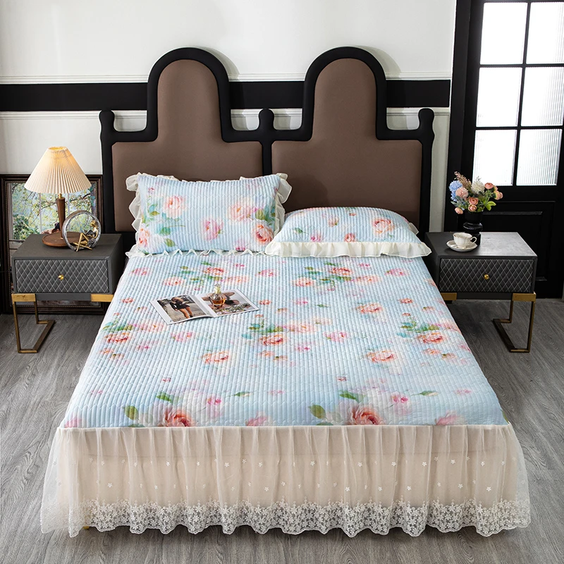 凉感丝凉席三件套2025新款夏天印花复古高级感夹棉床裙席子