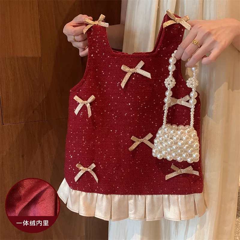 女童连衣裙秋冬季2025新款宝宝加绒红色儿童春秋生日礼服公主裙子