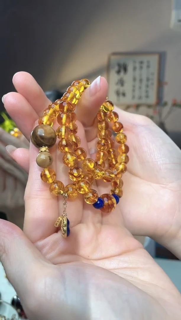 裸石琥珀未镶嵌8+花珀三圈手串 设计款