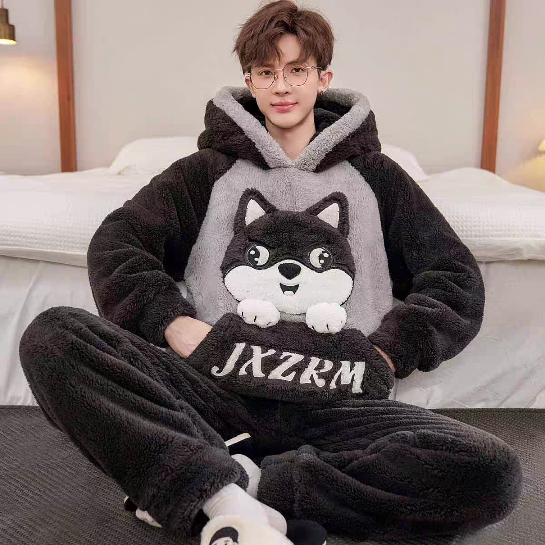 珊瑚绒睡衣男冬季加厚加绒秋冬款学生保暖连帽冬天男士家居服套装