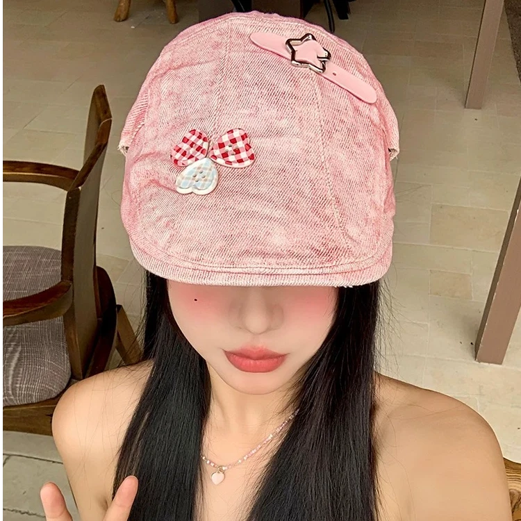 复古千禧辣妹做旧水洗牛仔星星前进帽子女春夏季百搭画家帽T14