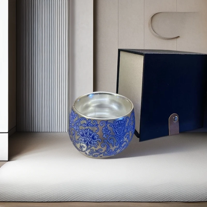 刘国兰陶瓷缠枝莲银杯2018家用珐琅彩茶杯银杯子品茗杯茶具主人杯