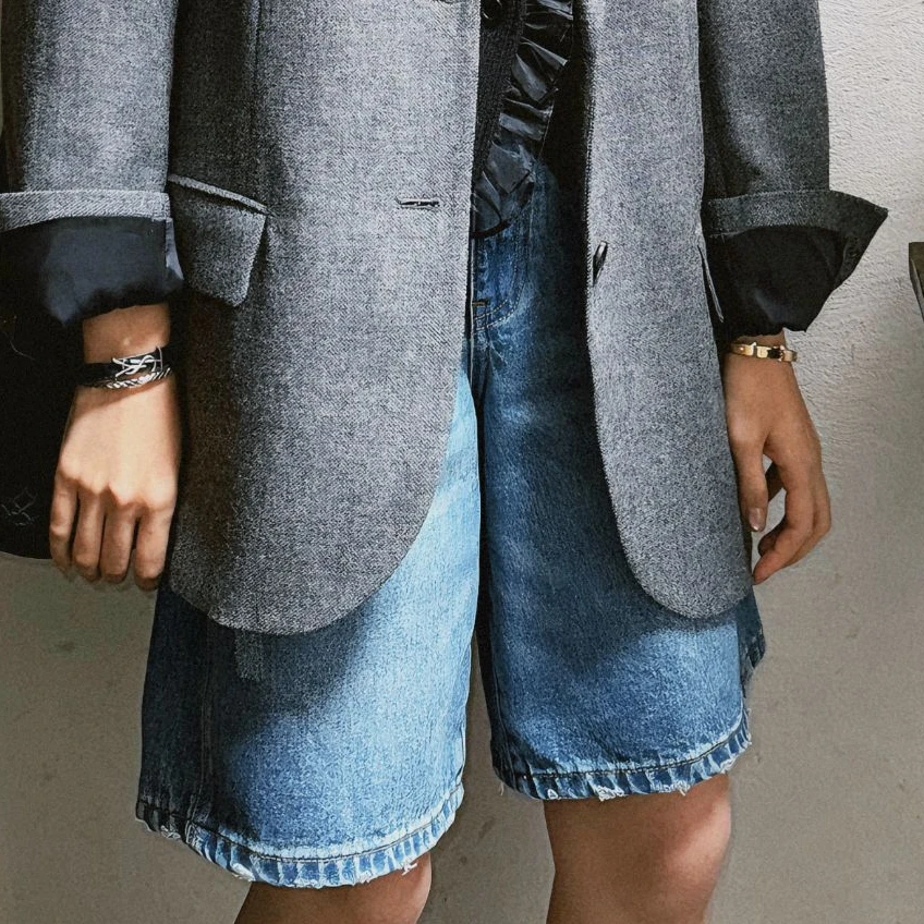 DE Mincollection牛仔中裤/夏季复古水洗显瘦休闲阔腿五分牛仔裤