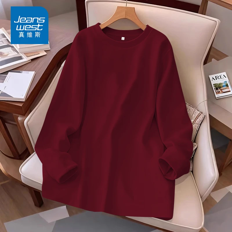 真维斯酒红色内搭长袖上衣女2025秋季新款纯棉t恤马年本命年衣服