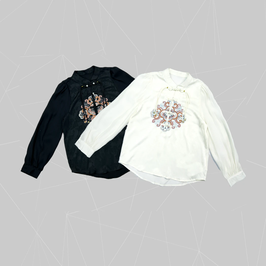 【伊人风尚服饰推荐】2024春季新款新中式国风提花长袖T恤2325