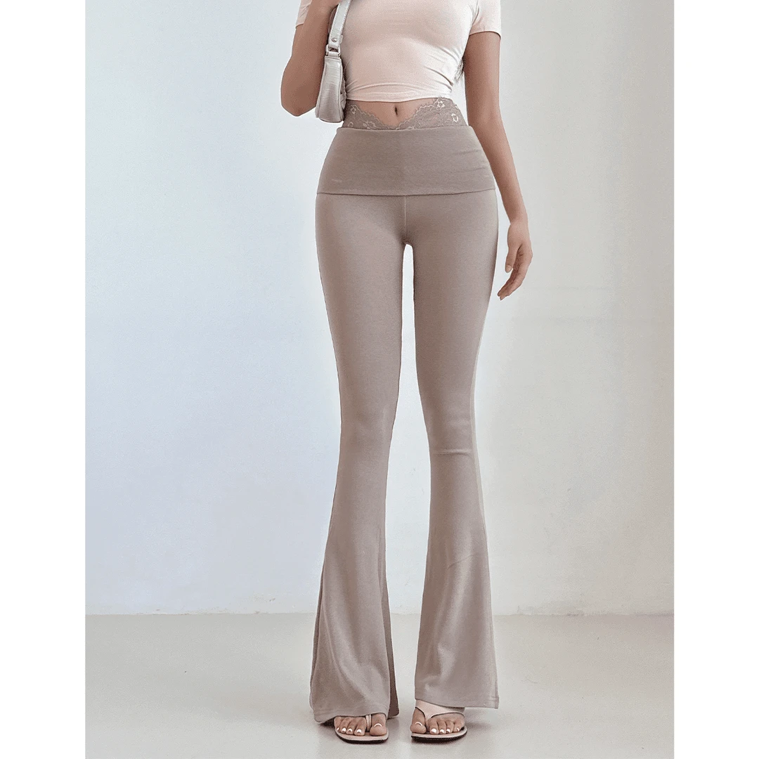 纯欲性感蕾丝拼接V腰修身微喇裤女春夏新款时尚高腰显瘦薄款长裤