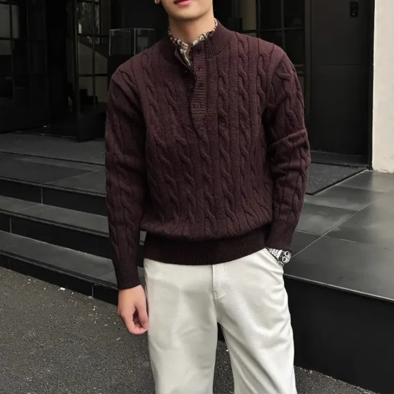 轻奢老钱风「绞花编织假两件」冬季重磅套头亨利领毛衣慵懒针织衫男