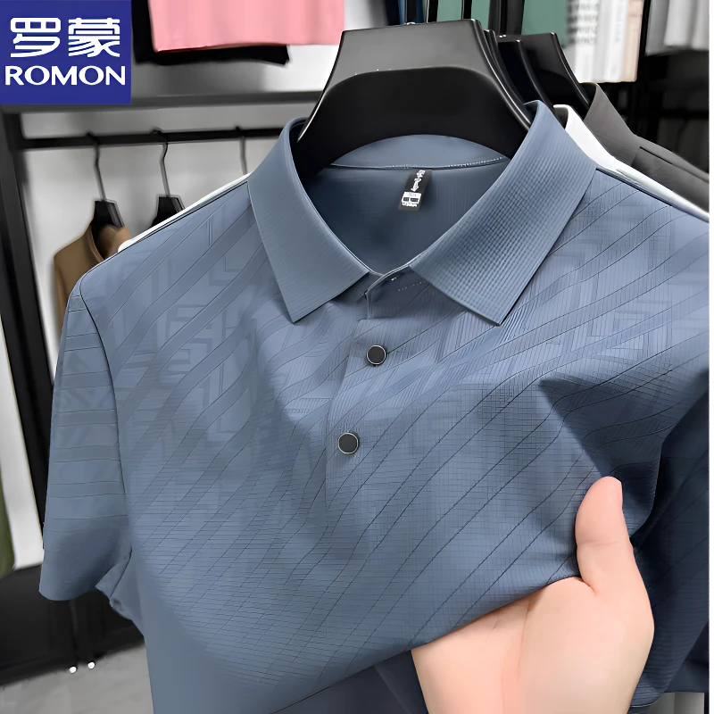 罗蒙夏季新款商务polo衫短袖T恤男翻领时尚休闲印花体恤衫爸爸装