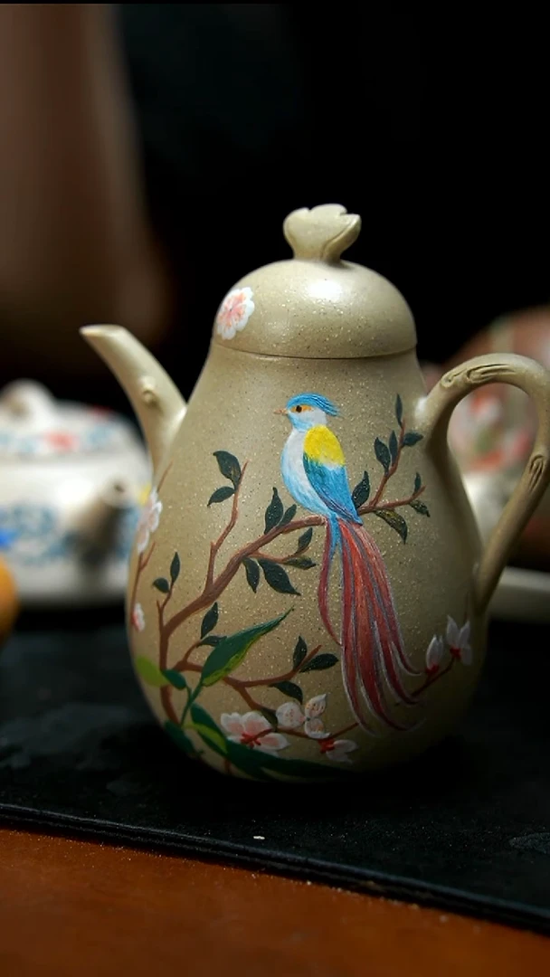 茶壶紫砂白泥蓝鸟壶大瑕