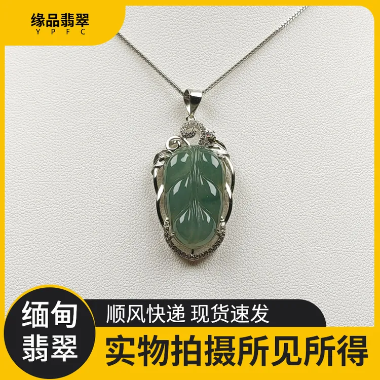 真品纯天然缅甸翡翠满绿小叶子女士银包边镶嵌金枝玉叶锁骨链吊坠