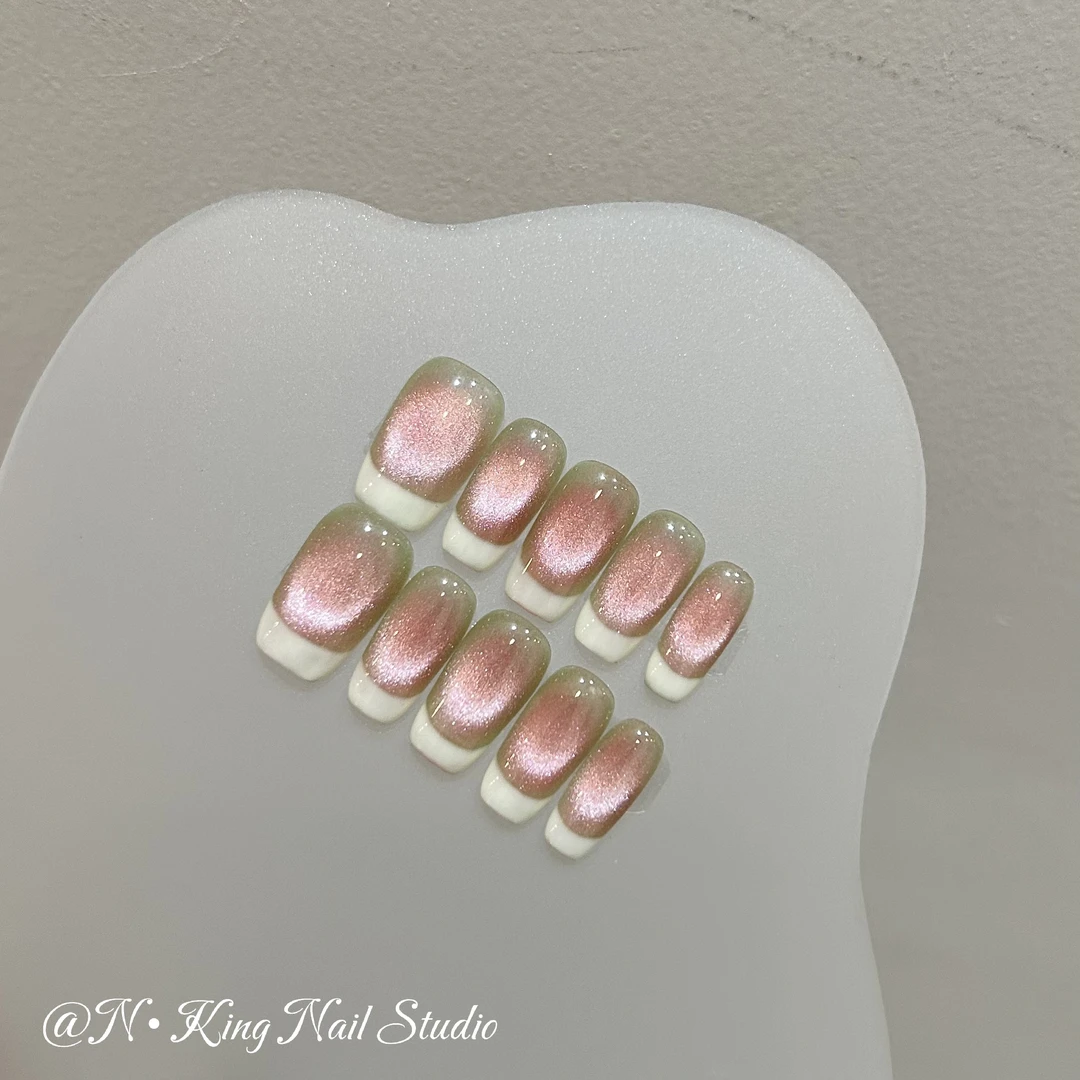 【极简法式】冰透冰粉手工穿戴甲猫眼美甲穿戴甲可拆卸手工手绘