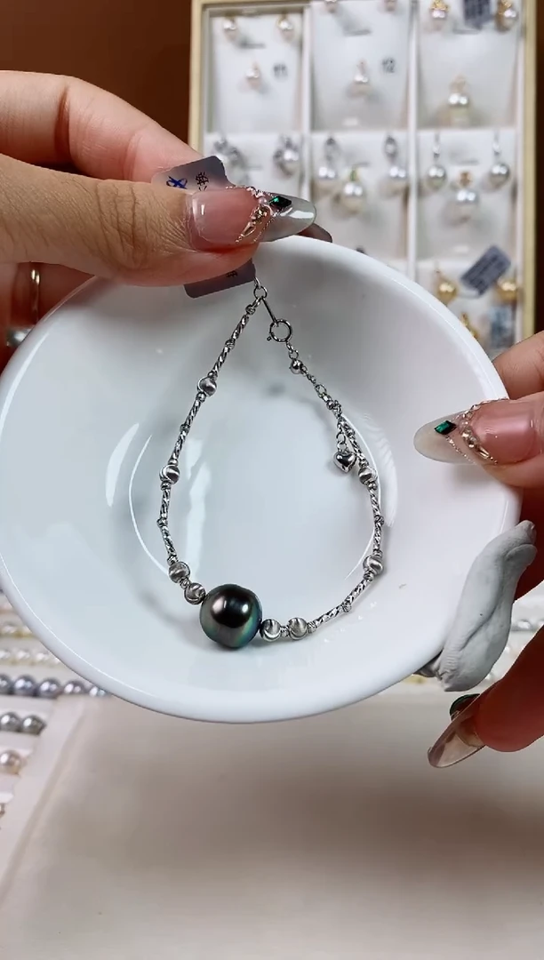 海水珍珠银S925镶嵌手链10-11大溪地黑珍珠手链