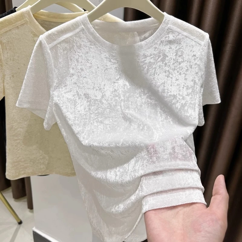 复古高档丝绒短袖T恤女夏季爆款正肩圆领网纱打底衫修身显瘦上衣