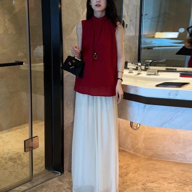 【送运费险】时尚套装女夏季新款显瘦无袖衬衫上衣阔腿裤减龄两件套