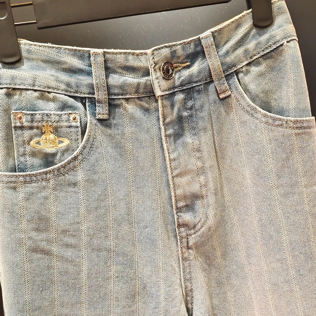 直筒牛仔裤高腰蓝色直筒裤秋季灰色夏季轻职风刺绣-5004