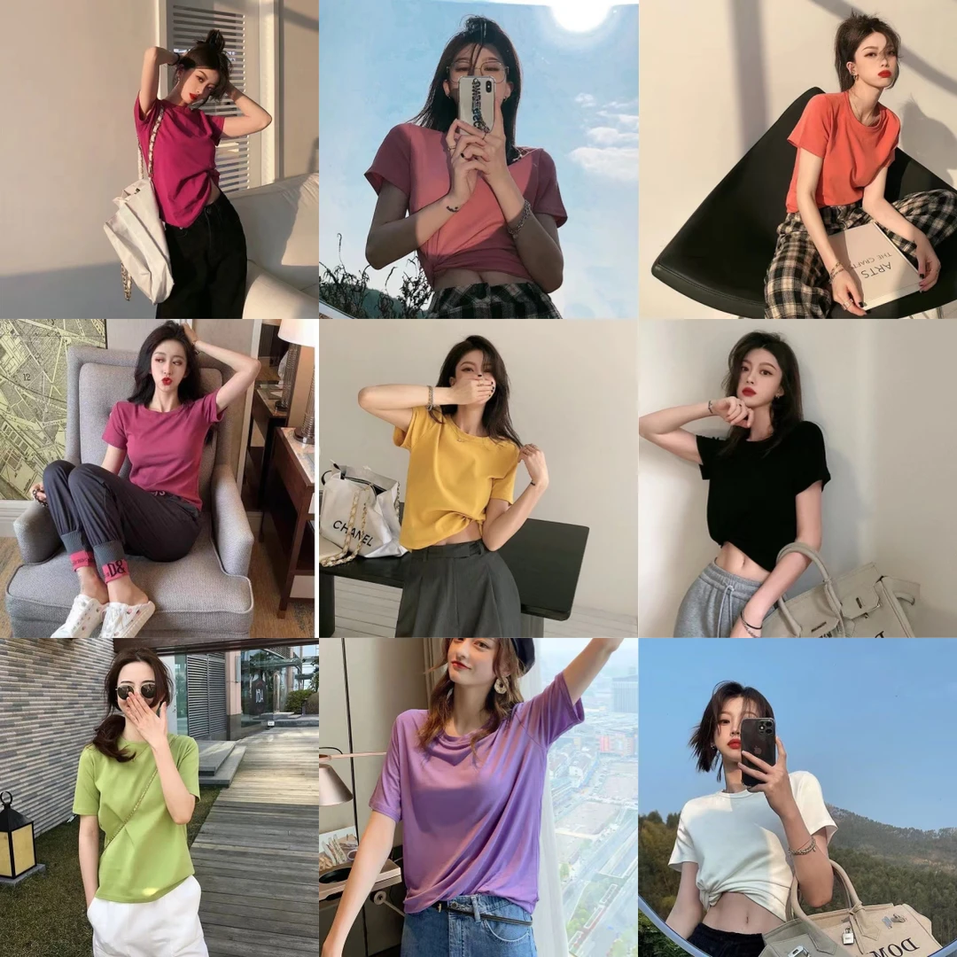 多色女士彩色T恤显瘦t恤短款时尚百搭夏季打底