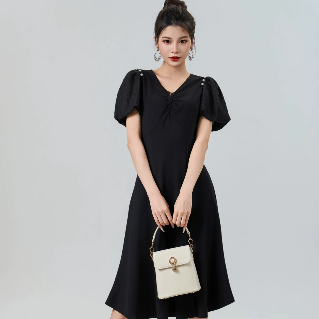 【老板娘夏天】曼诺比菲V领气质温柔泡泡袖连衣裙MFBL151016
