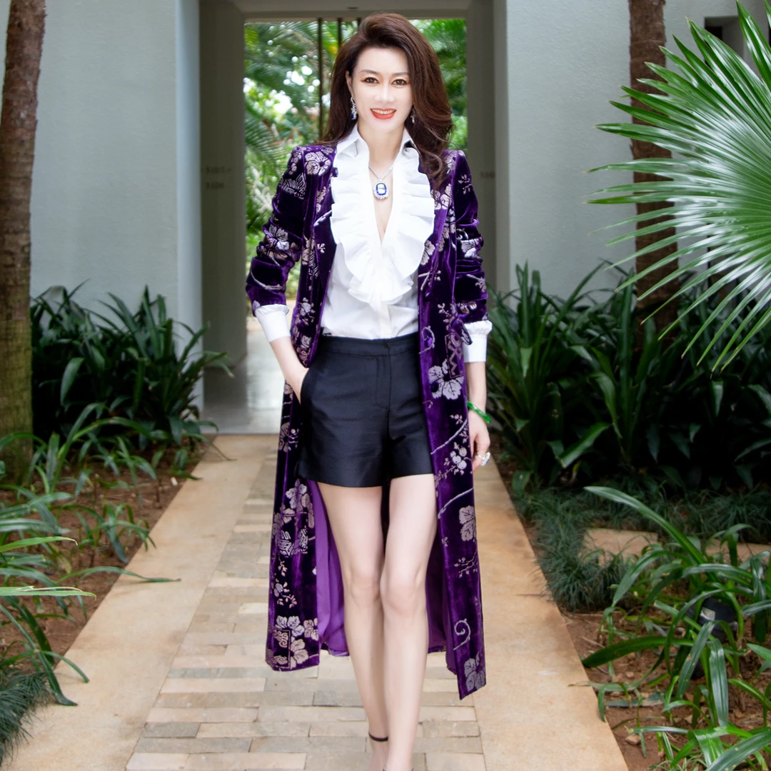 EDFNOT/杨红霞汝意HY蓝色/紫色花丝绒长大衣