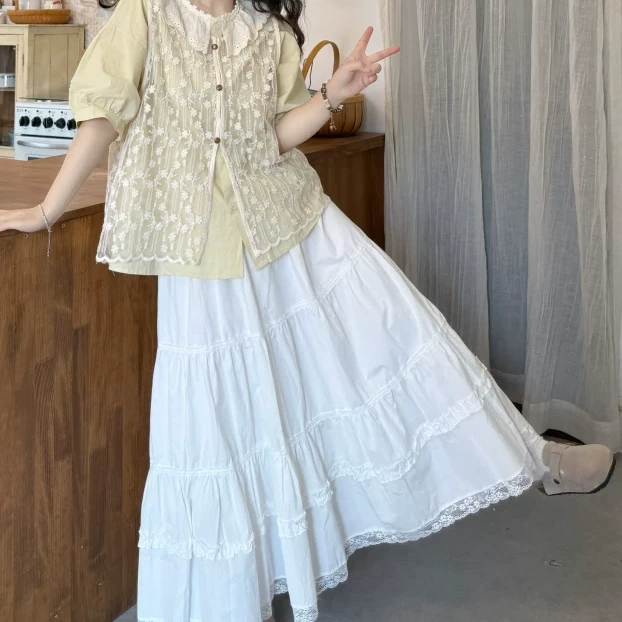 日系减龄套装女蕾丝花纹马甲撞色娃娃领衬衫两件套夏8839