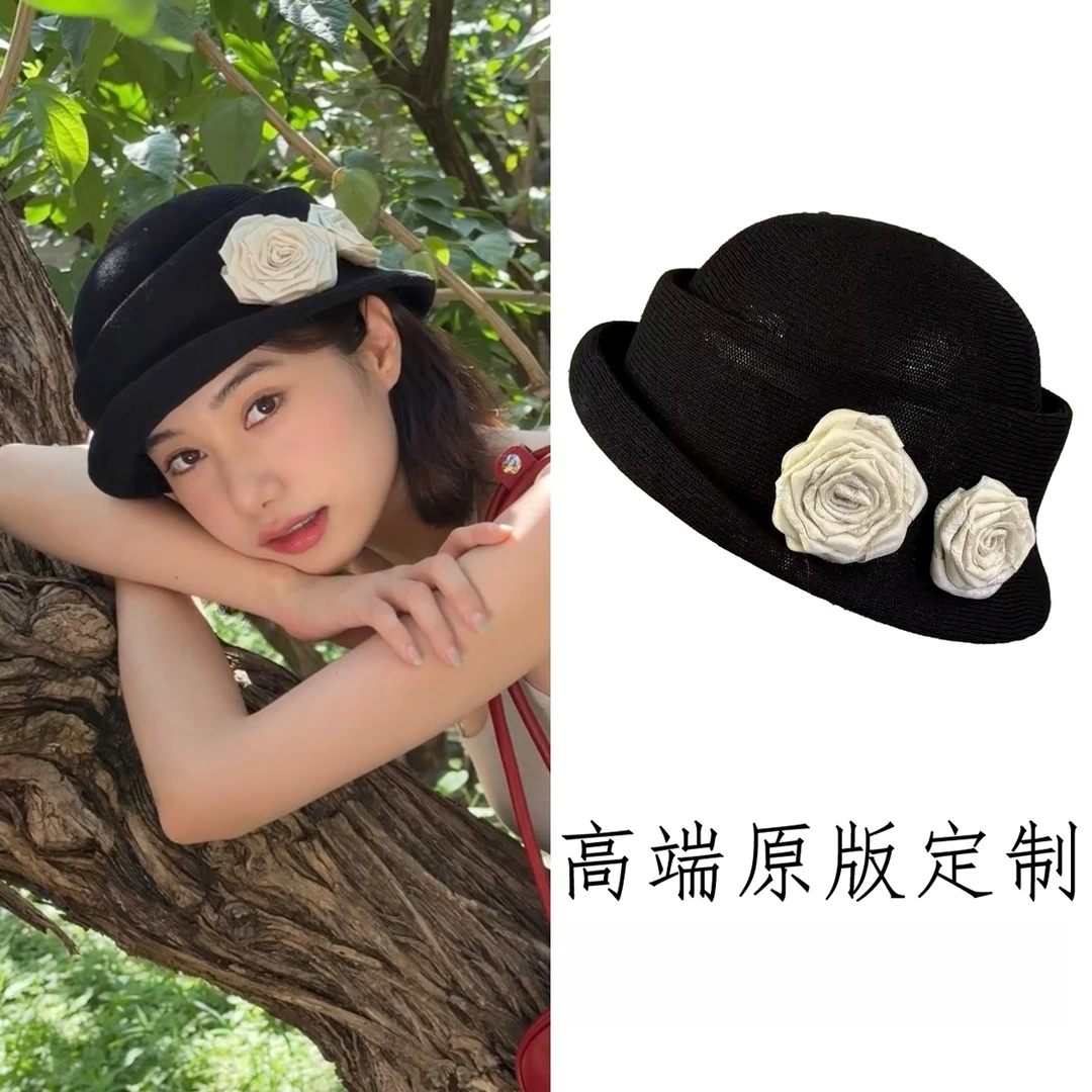法式优雅山茶花卷边礼帽女夏薄款亚麻透气千金风帽子显脸小贝雷帽