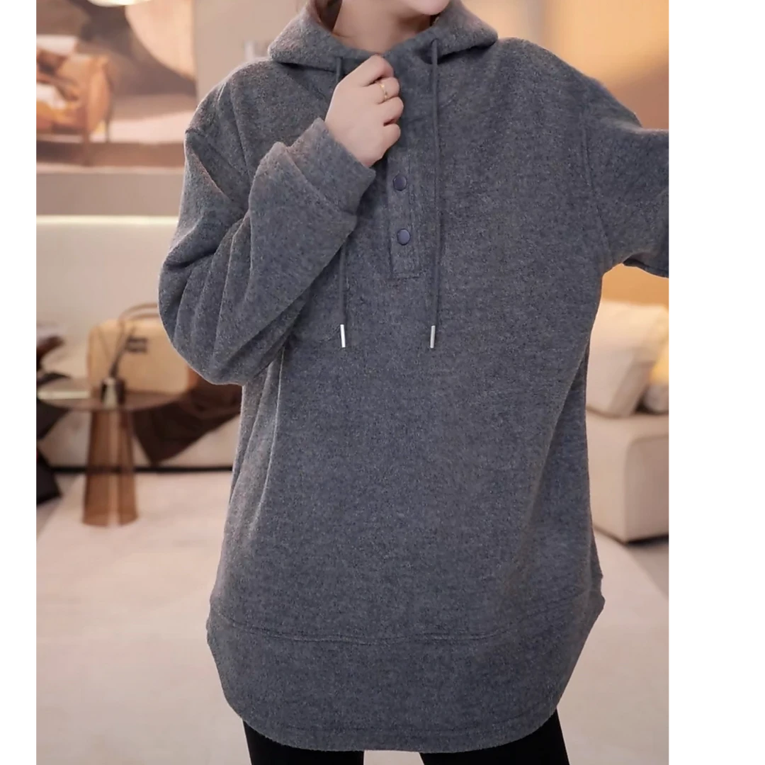 设计感加绒连帽抽绳半纽扣卫衣外套女冬季加厚保暖高级感宽松上衣