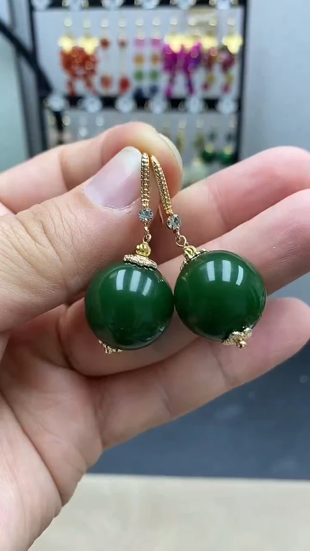 【闪购商品】和田玉耳饰银S925镀金镶嵌尺寸18mmW3