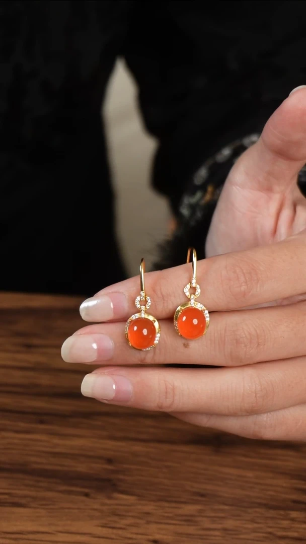 银S925镀金镶嵌南红玛瑙耳坠冰红耳坠
