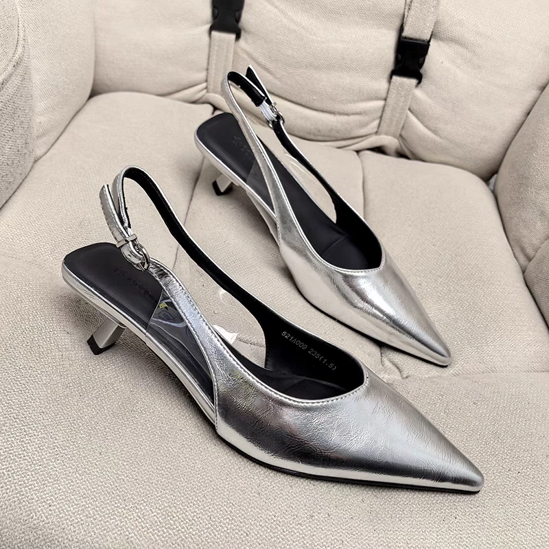 牛皮尖头细跟时装鞋新款后空拼接气质高跟女凉鞋