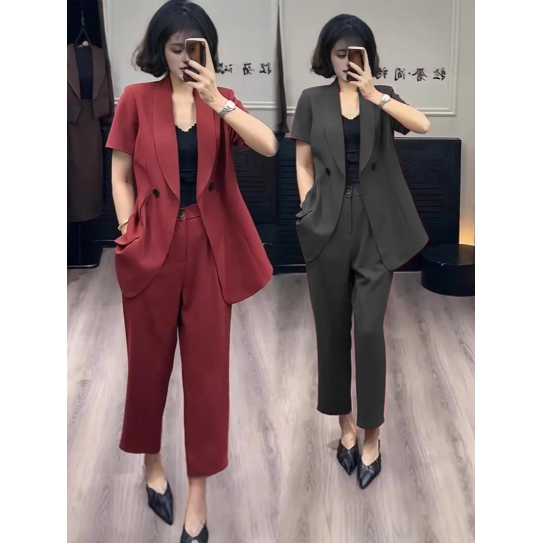 大码夏季薄款短袖西装套装女胖mm时尚休闲气质小西服九分裤两件套