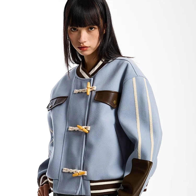 iconslab拼皮牛角扣棒球夹克休闲时尚长袖情侣IC082341049