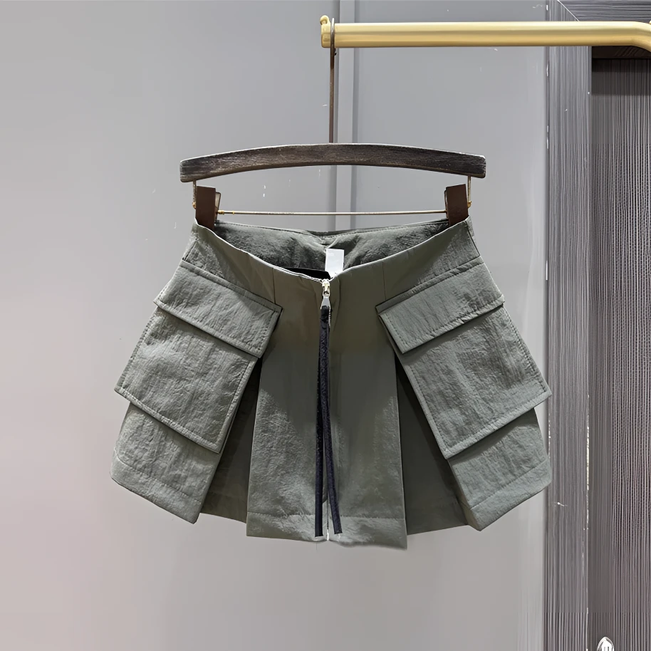 【现货】纯色双口袋工装半身裙女夏季单排拉链休闲百搭显瘦a字短裙