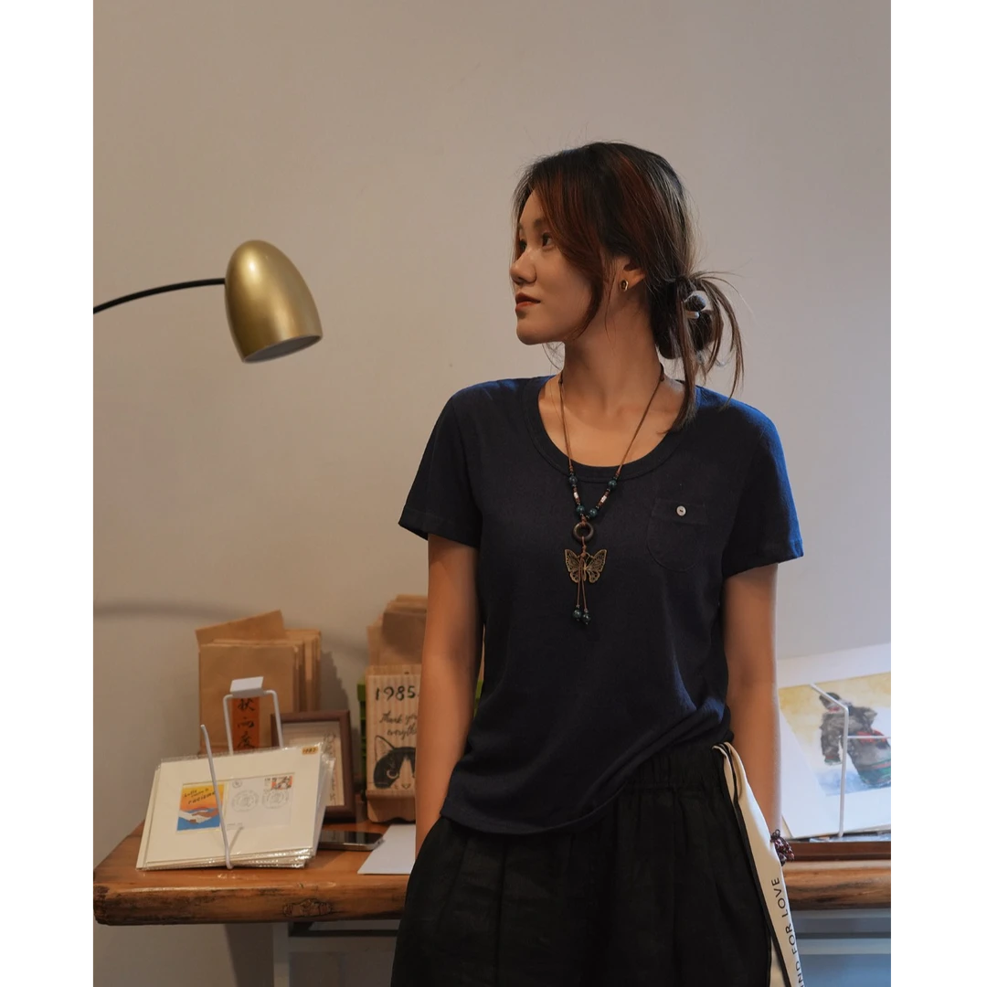 棉亚麻雨露麻夏季舒适透气宽松U领女士针织上衣短袖T恤