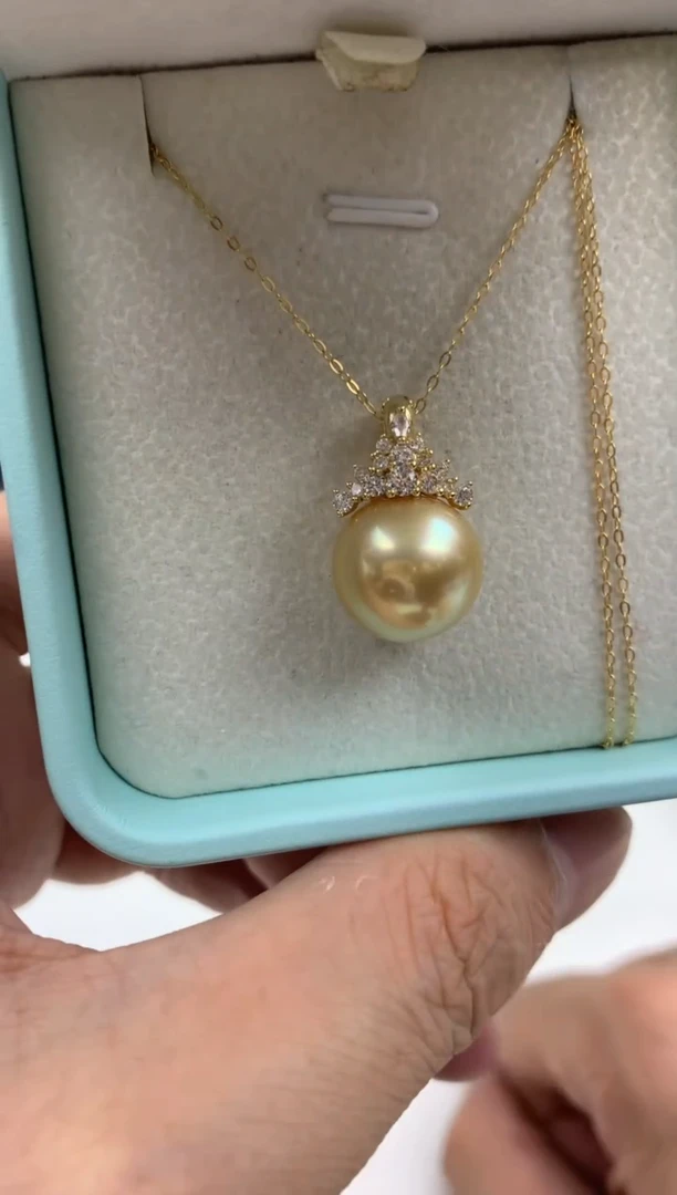 银S925镶嵌ff海水珍珠金珠吊坠(赠链）13~14mm