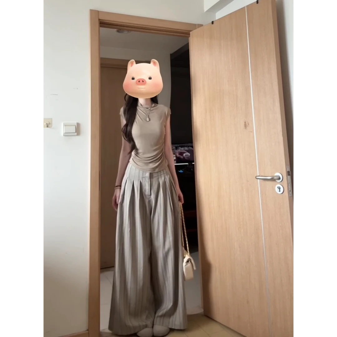 parkyeon设计感无袖褶皱收腰修身显瘦上衣女条纹垂感阔腿裤套装
