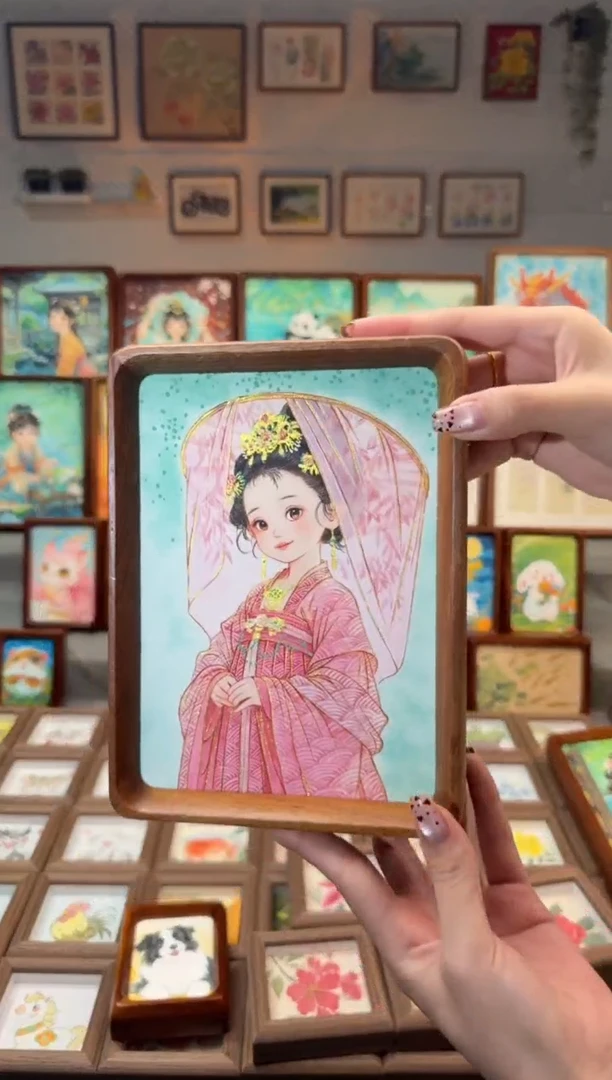 国画粉衣女孩 手绘国画7