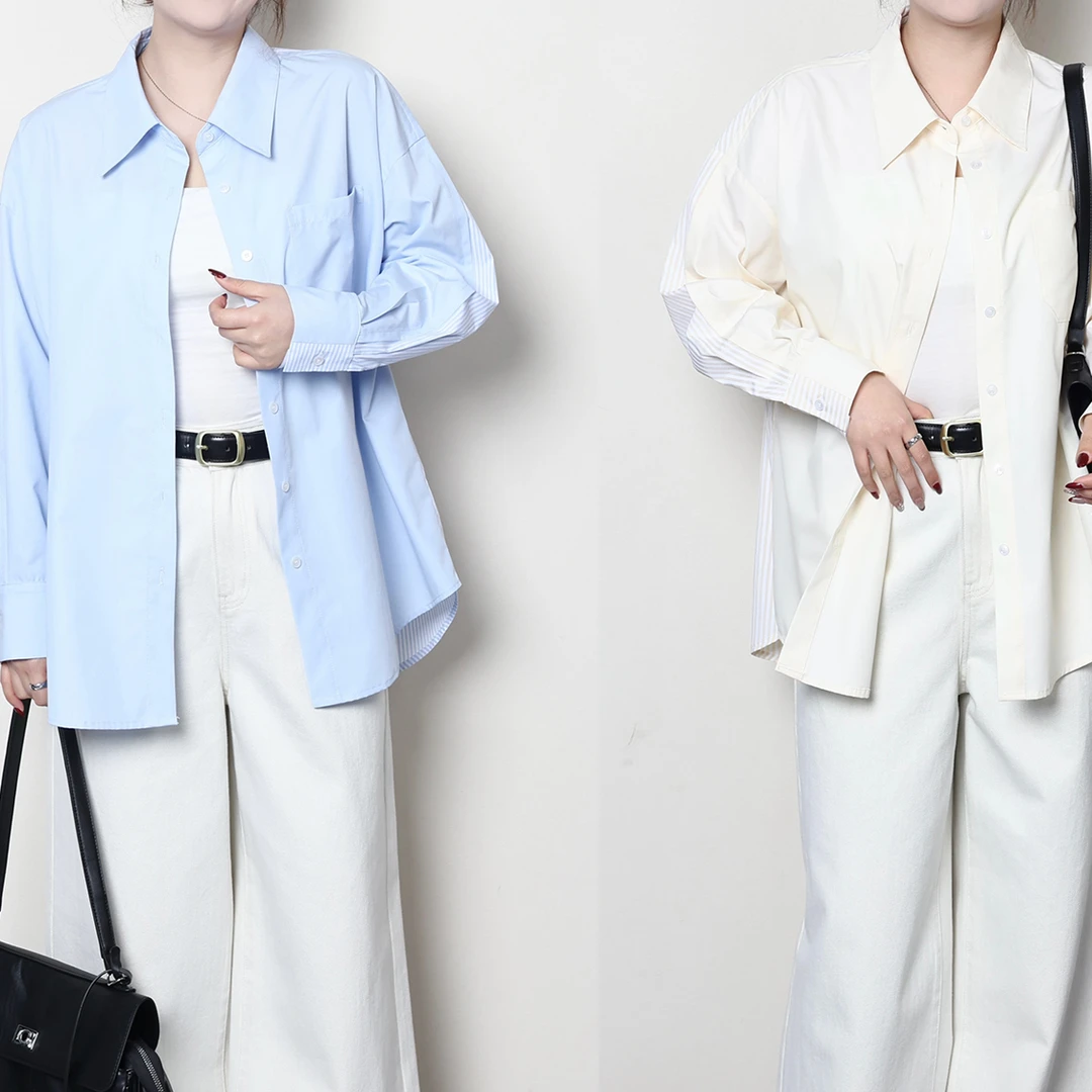 裂渡杨杨【记忆香氛】微胖大码女春百搭显瘦宽松拼接衬衫 ZY502A31