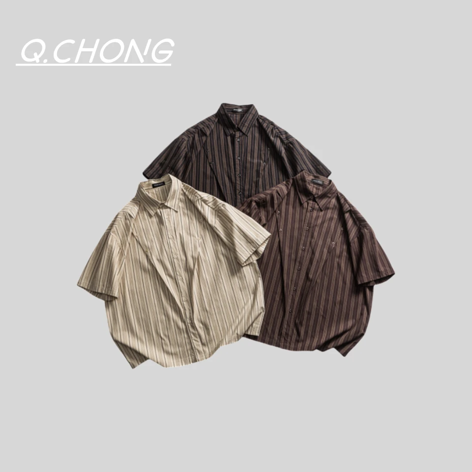 夏季复古日潮阔版条纹短袖衬衫男潮牌宽松情侣百搭休闲衬衣外套