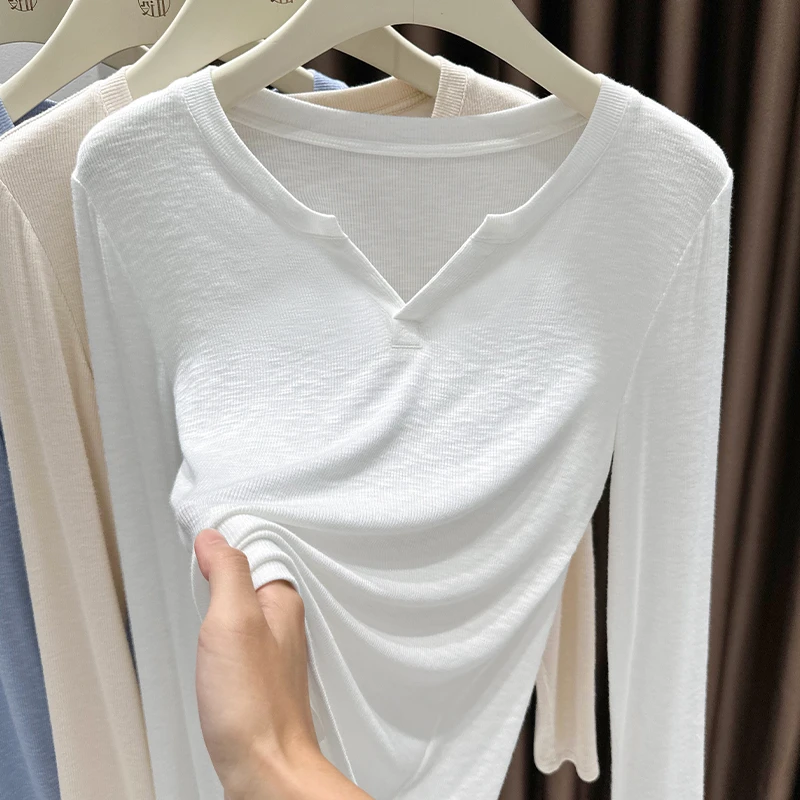秋季V领竹节棉修身长袖T恤女爆款2025新款软糯针织百搭上衣内搭薄