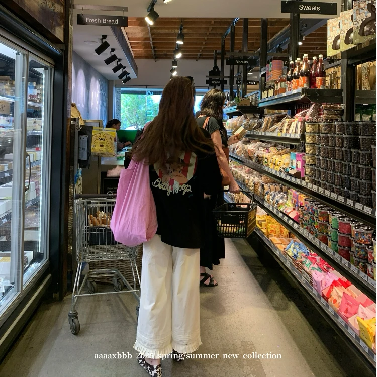 aaaaxbbb 晨雾贝果 全棉花边长裤松紧腰显瘦韩系宽松慵懒风休闲裤