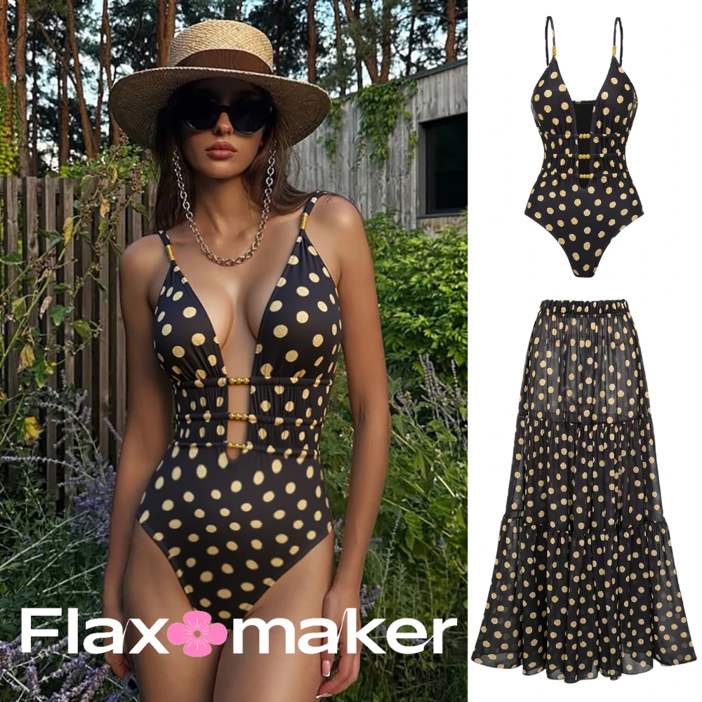 Flaxmaker·黑色金色波尔卡圆点V领连体泳衣千金清冷女式遮肉泳衣